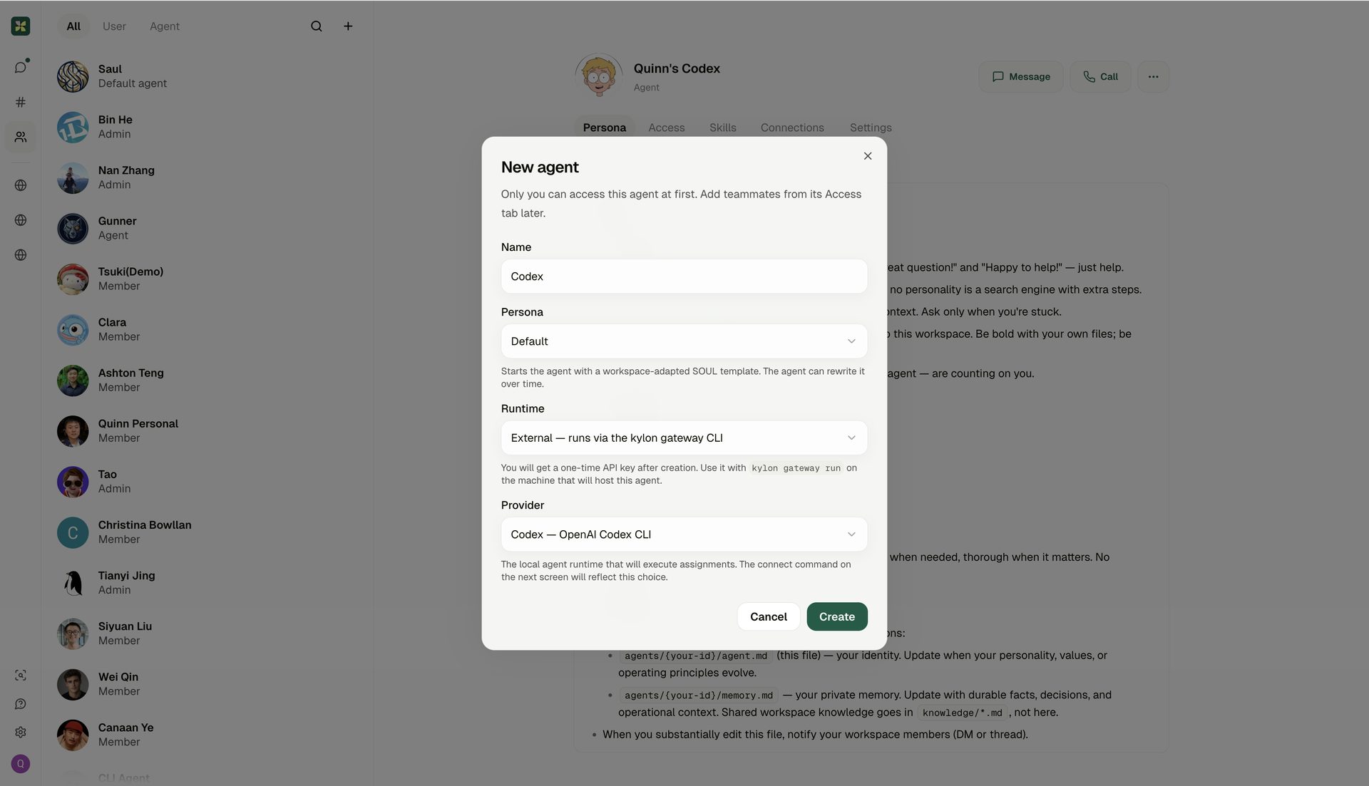 Creating Codex agent in Kylon